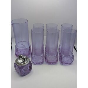 Vintage Lavender Glass Dice Barware Set Pitcher 6 Glasses Table Lighter Purple